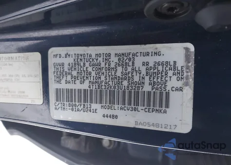 2003 Toyota Camry Le from USA, damaged, VIN 4T1BE32K03U183287